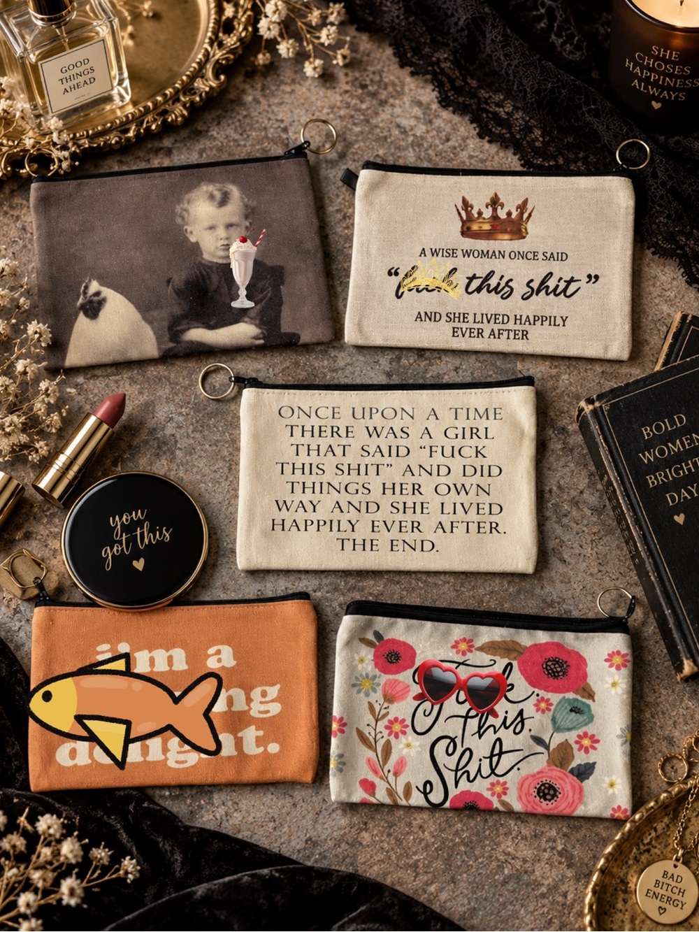 Set of 5 Funny Canvas Zipper Pouches Sassy Quote Gag Gifts | The Eleanor Collect